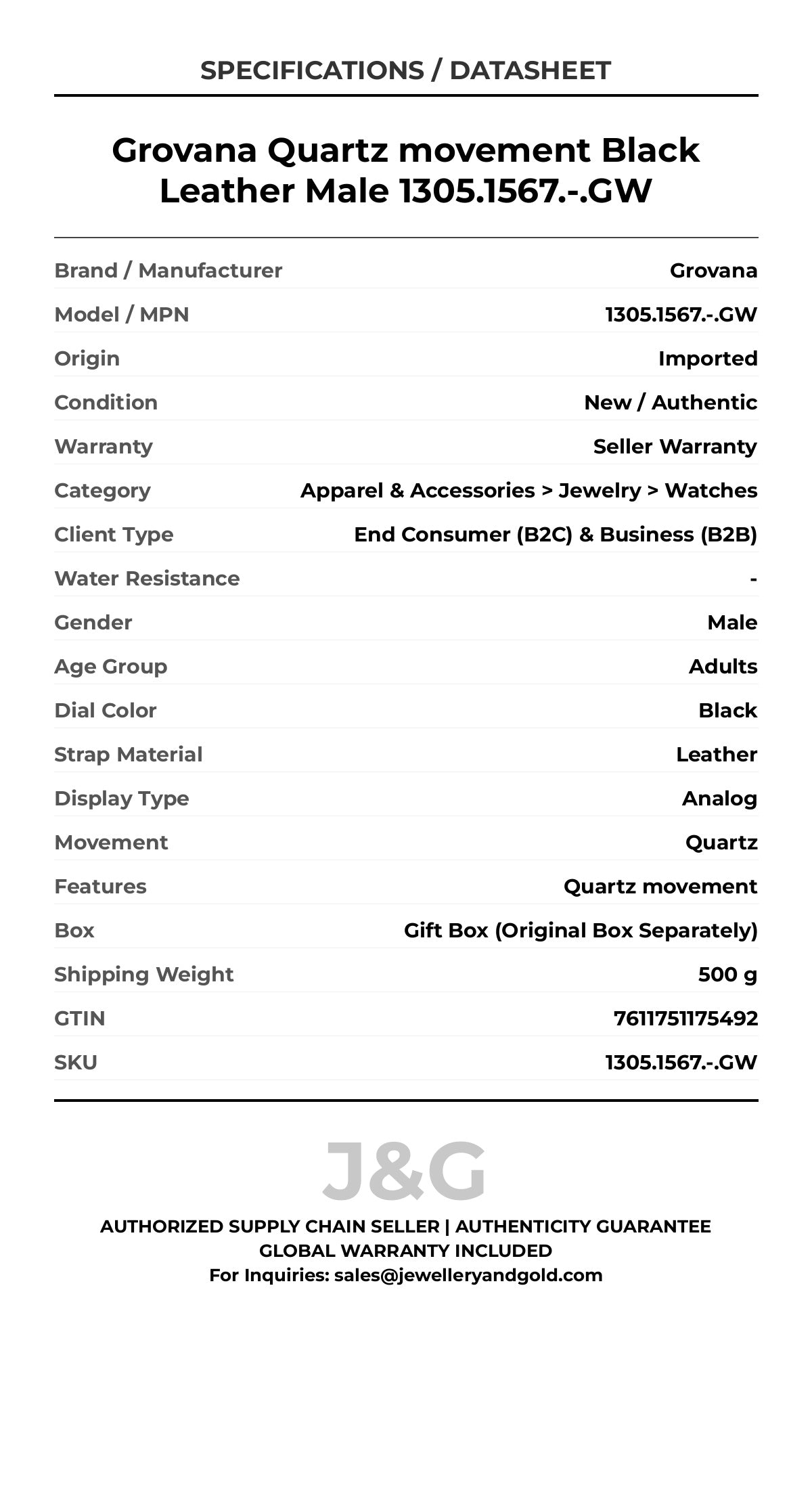 Grovana Quartz movement Black Leather Male 1305.1567.-.GW - Specifications