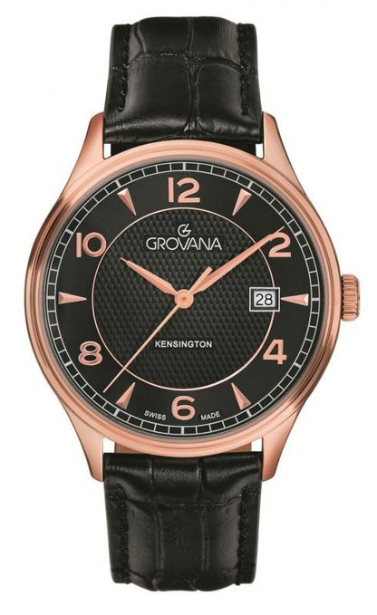 Grovana Quartz movement Black Leather Male 1305.1567.-.GW. A brand-new Grovana watch featuring a Black dial and a Leather strap. Angled view.