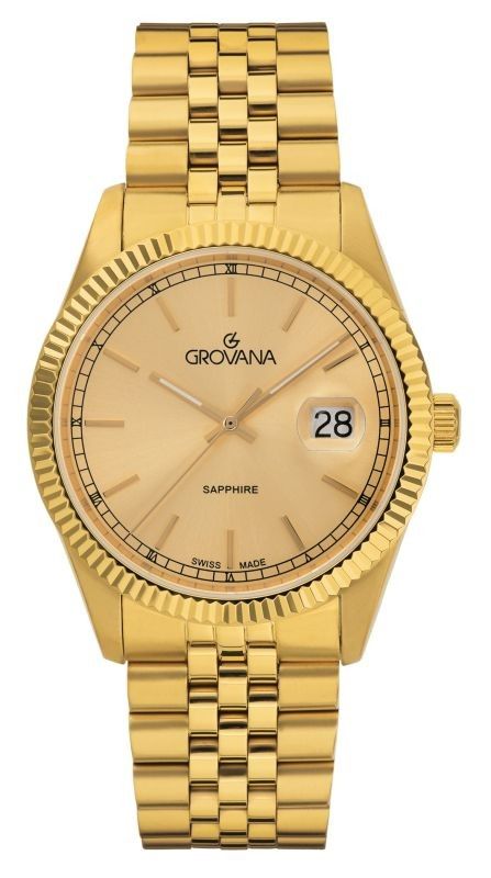Grovana Quartz movement Champagne Stainless steel Male 1542.1111.-.GW. A brand-new Grovana watch featuring a Champagne dial and a Stainless steel strap. Angled view.