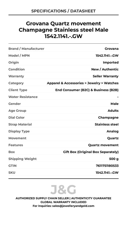 Grovana Quartz movement Champagne Stainless steel Male 1542.1141.-.GW - Specifications