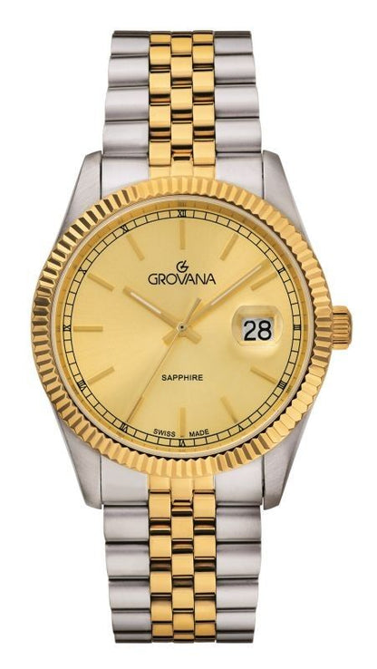 Grovana Quartz movement Champagne Stainless steel Male 1542.1141.-.GW. A brand-new Grovana watch featuring a Champagne dial and a Stainless steel strap. Angled view.