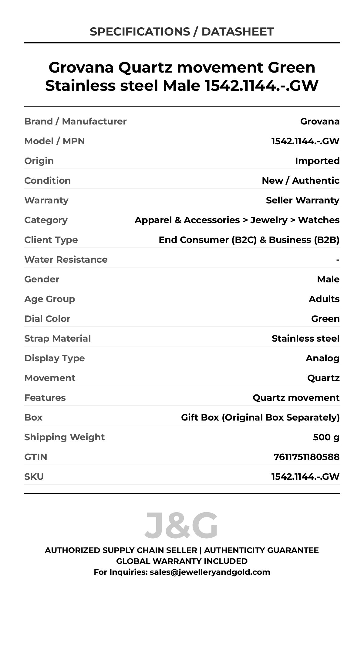 Grovana Quartz movement Green Stainless steel Male 1542.1144.-.GW - Specifications