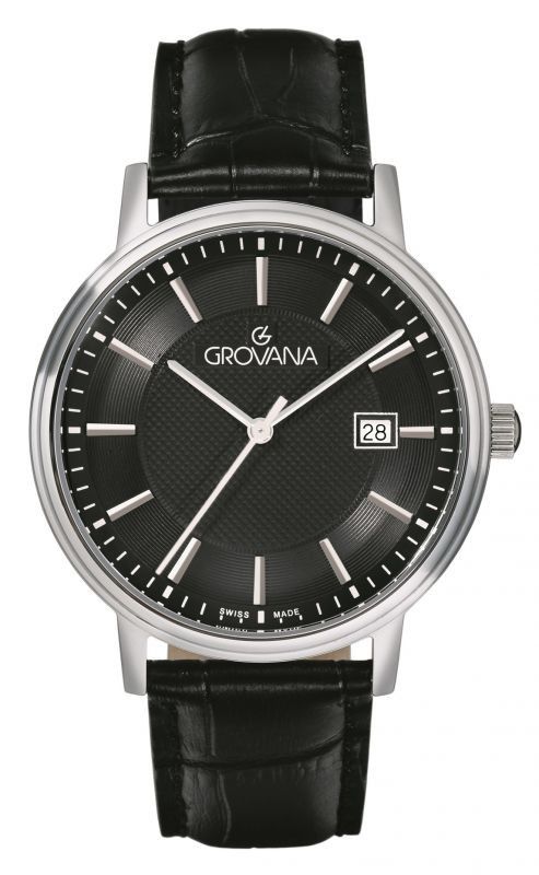 Grovana Quartz movement Black Leather Male 1550.1534.-.GW. A brand-new Grovana watch featuring a Black dial and a Leather strap. Side view.