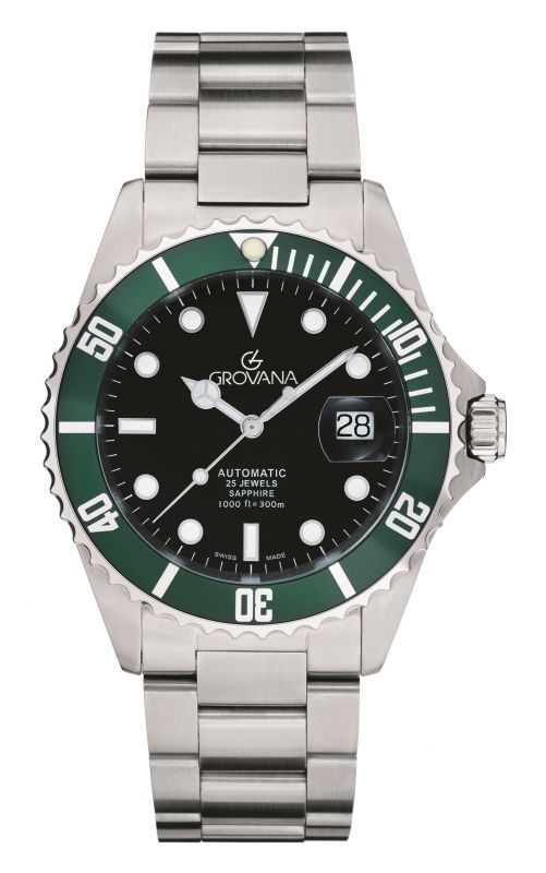 Grovana Automatic movement Black Stainless steel Male 1571.2134.-.GW. A brand-new Grovana watch featuring a Black dial and a Stainless steel strap. Side view.