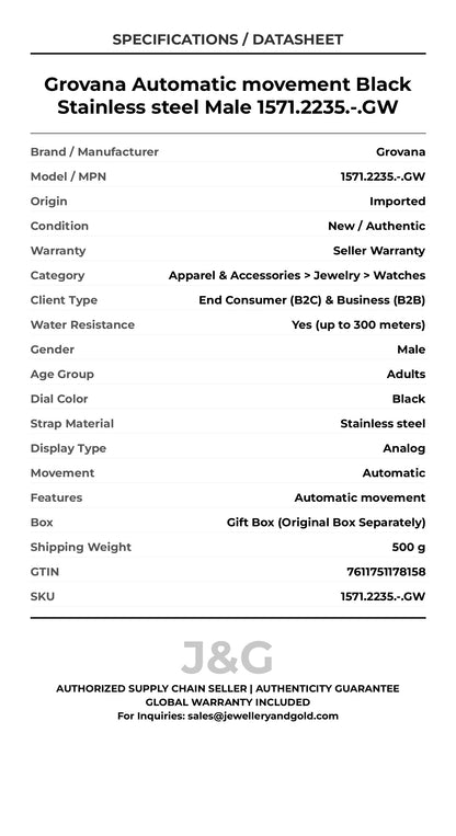 Grovana Automatic movement Black Stainless steel Male 1571.2235.-.GW - Specifications