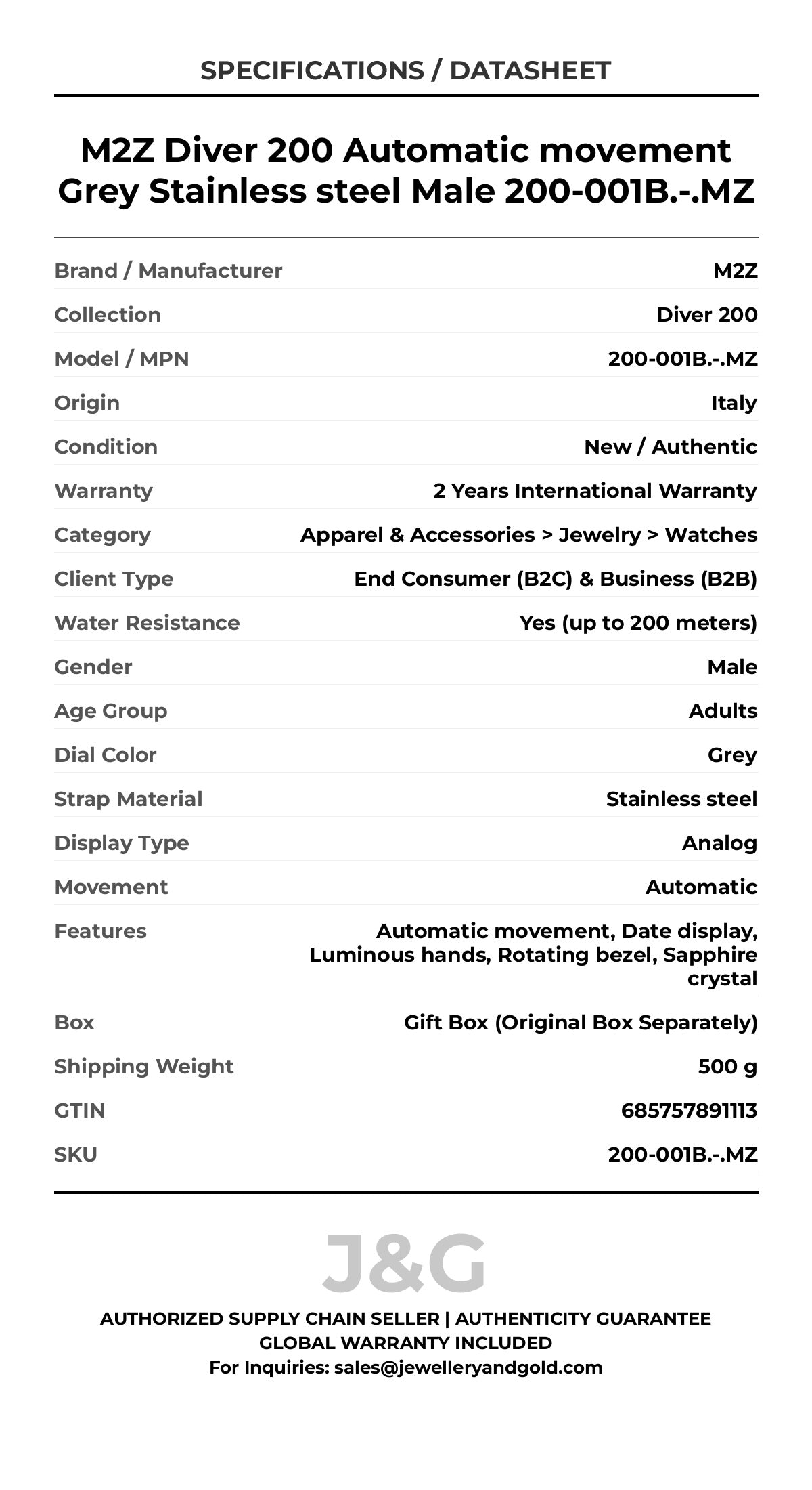 M2Z Diver 200 Automatic movement Grey Stainless steel Male 200-001B.-.MZ - Specifications