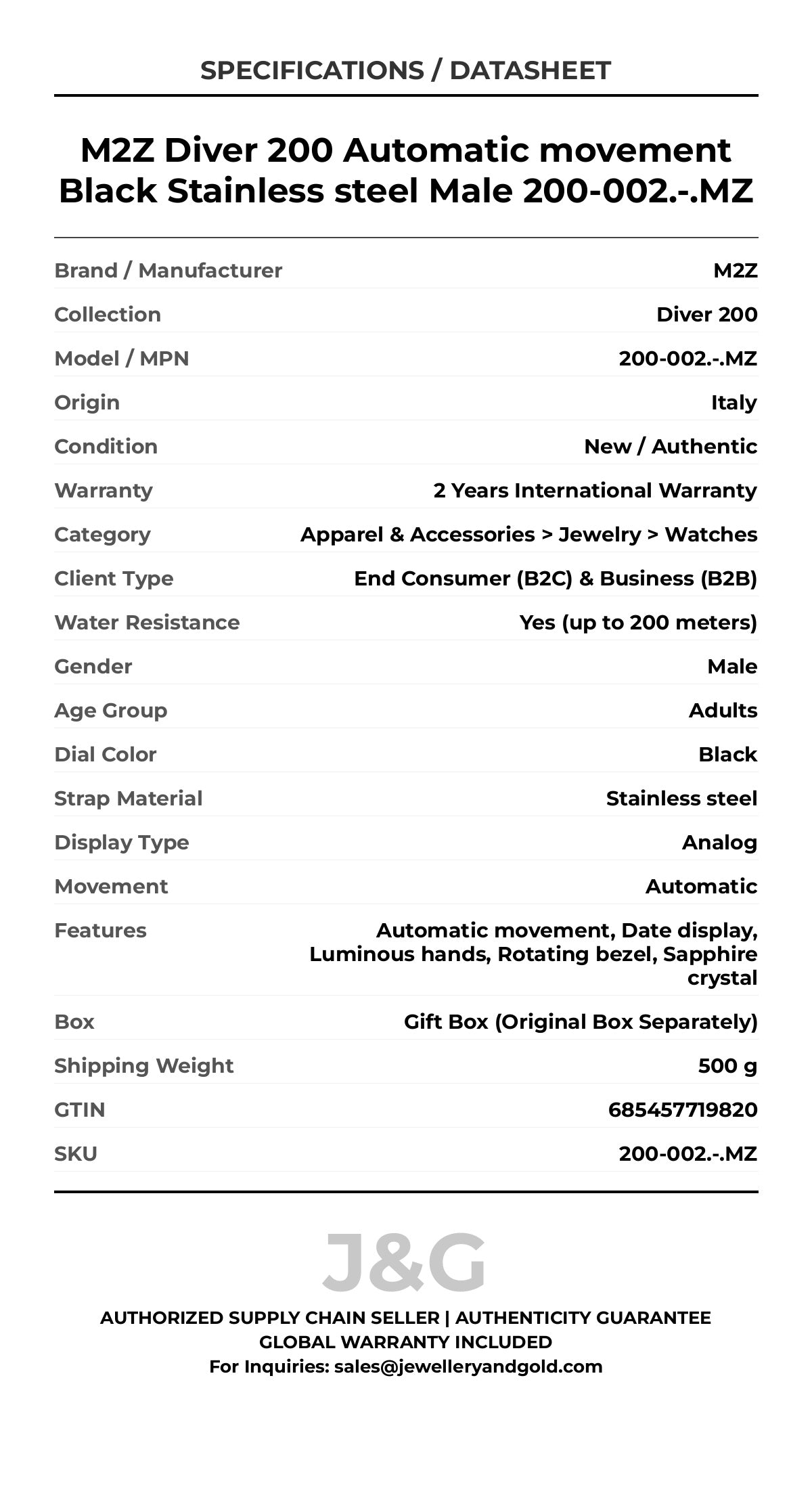 M2Z Diver 200 Automatic movement Black Stainless steel Male 200-002.-.MZ - Specifications