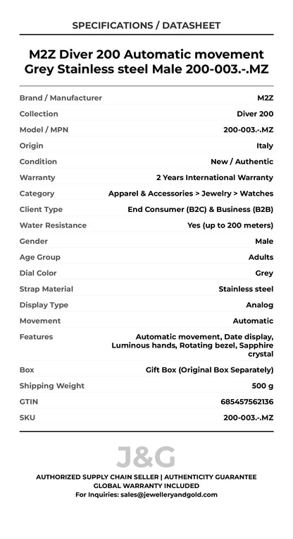 M2Z Diver 200 Automatic movement Grey Stainless steel Male 200-003.-.MZ - Specifications