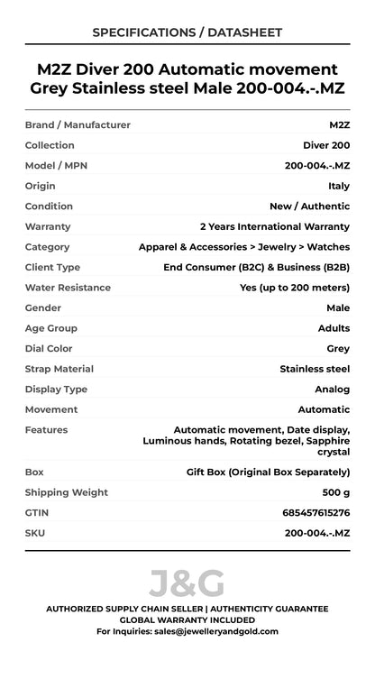 M2Z Diver 200 Automatic movement Grey Stainless steel Male 200-004.-.MZ - Specifications