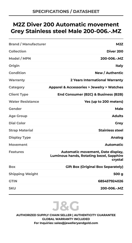 M2Z Diver 200 Automatic movement Grey Stainless steel Male 200-006.-.MZ - Specifications