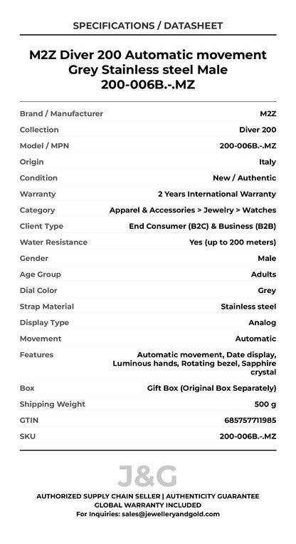 M2Z Diver 200 Automatic movement Grey Stainless steel Male 200-006B.-.MZ - Specifications