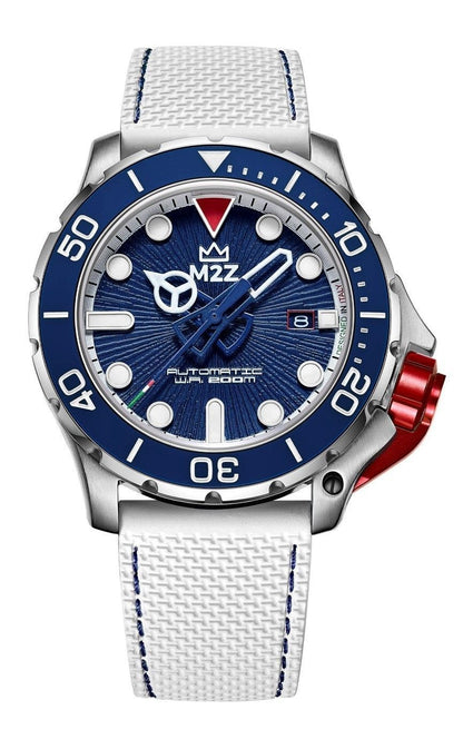M2Z Diver 200 Automatic movement Blue Stainless steel Male 200-007B.-.MZ. A brand-new M2Z Diver 200 watch featuring a Blue dial and a Stainless steel strap. Front view.