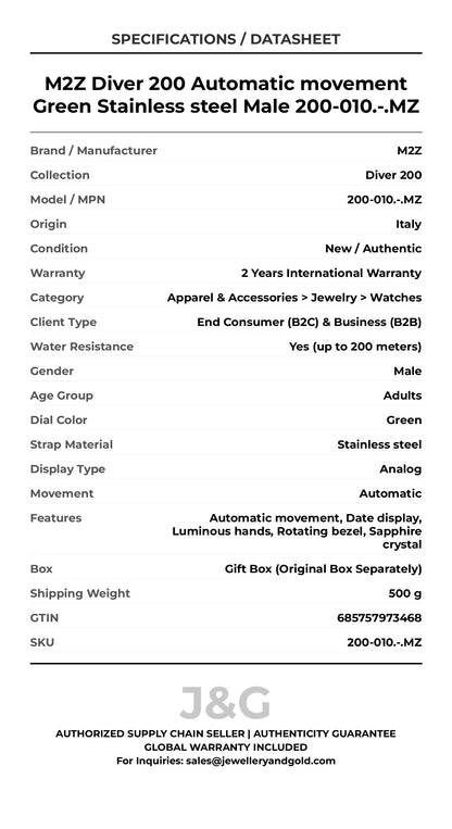 M2Z Diver 200 Automatic movement Green Stainless steel Male 200-010.-.MZ - Specifications