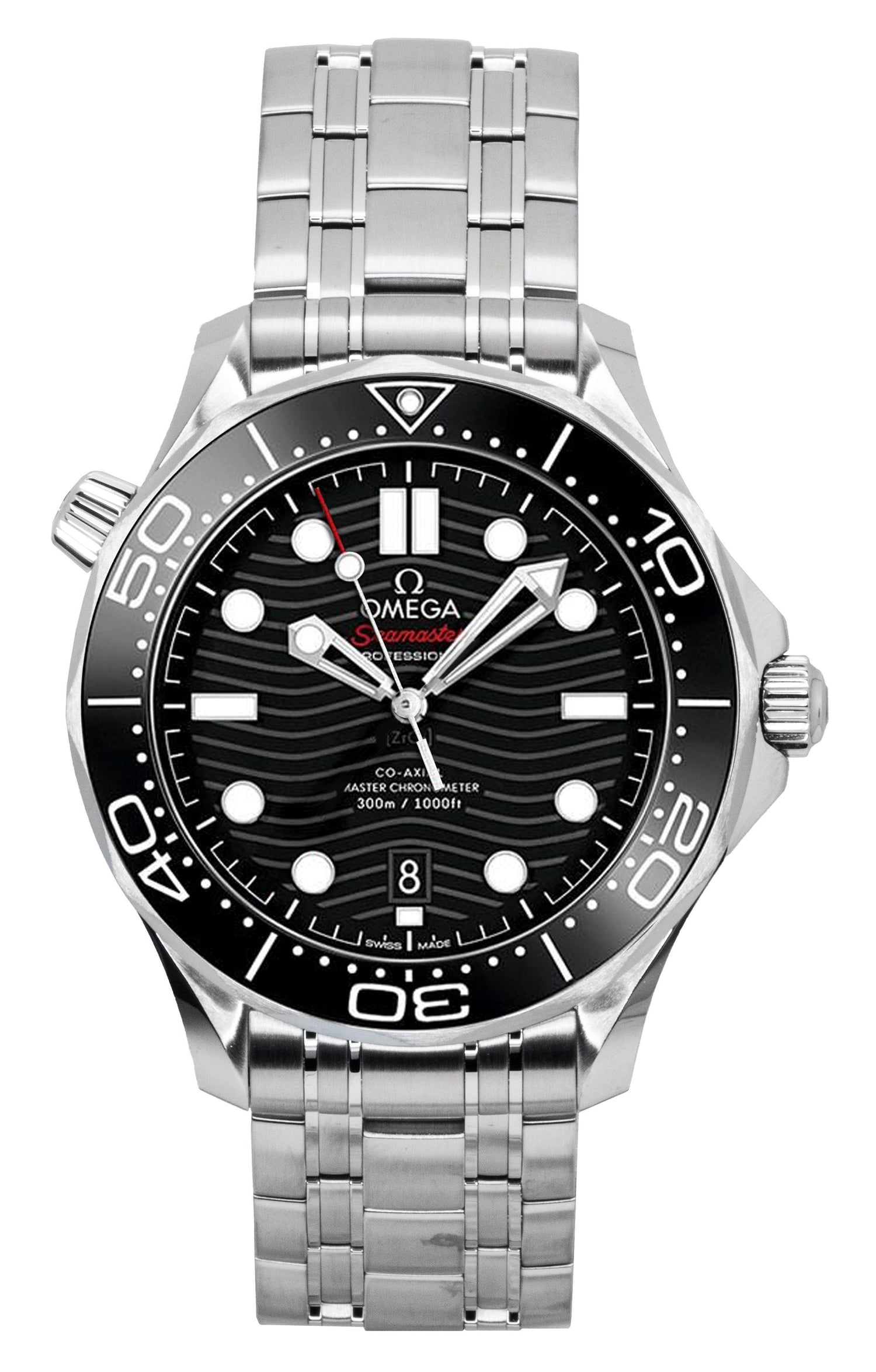 Omega Seamaster Automatic movement Black Stainless steel Male 210.30.42.20.01.001. A brand-new Omega Seamaster watch featuring a Black dial and a Stainless steel strap. Side view.