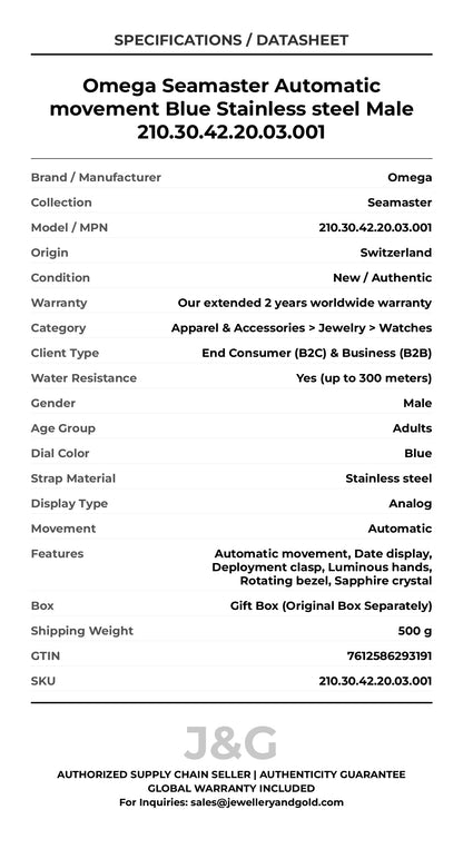 Omega Seamaster Automatic movement Blue Stainless steel Male 210.30.42.20.03.001 - Specifications