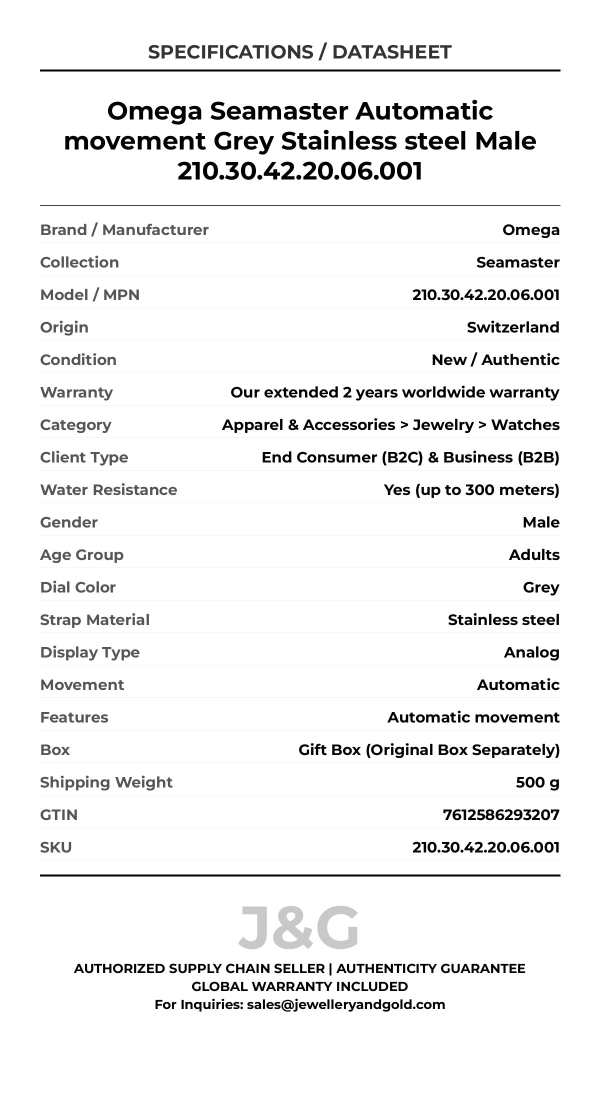 Omega Seamaster Automatic movement Grey Stainless steel Male 210.30.42.20.06.001 - Specifications