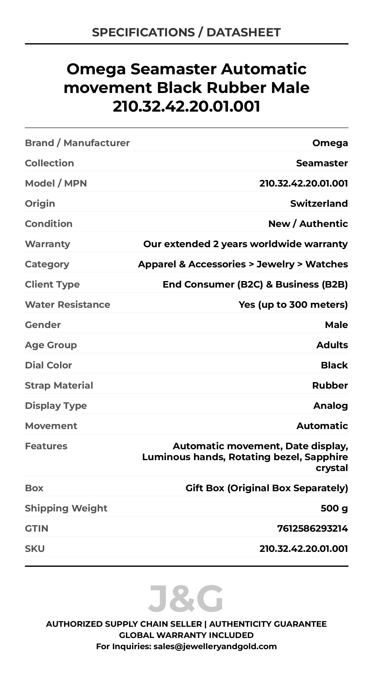 Omega Seamaster Automatic movement Black Rubber Male 210.32.42.20.01.001 - Specifications