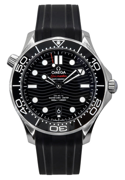 Omega Seamaster Automatic movement Black Rubber Male 210.32.42.20.01.001. A brand-new Omega Seamaster watch featuring a Black dial and a Rubber strap. Angled view.