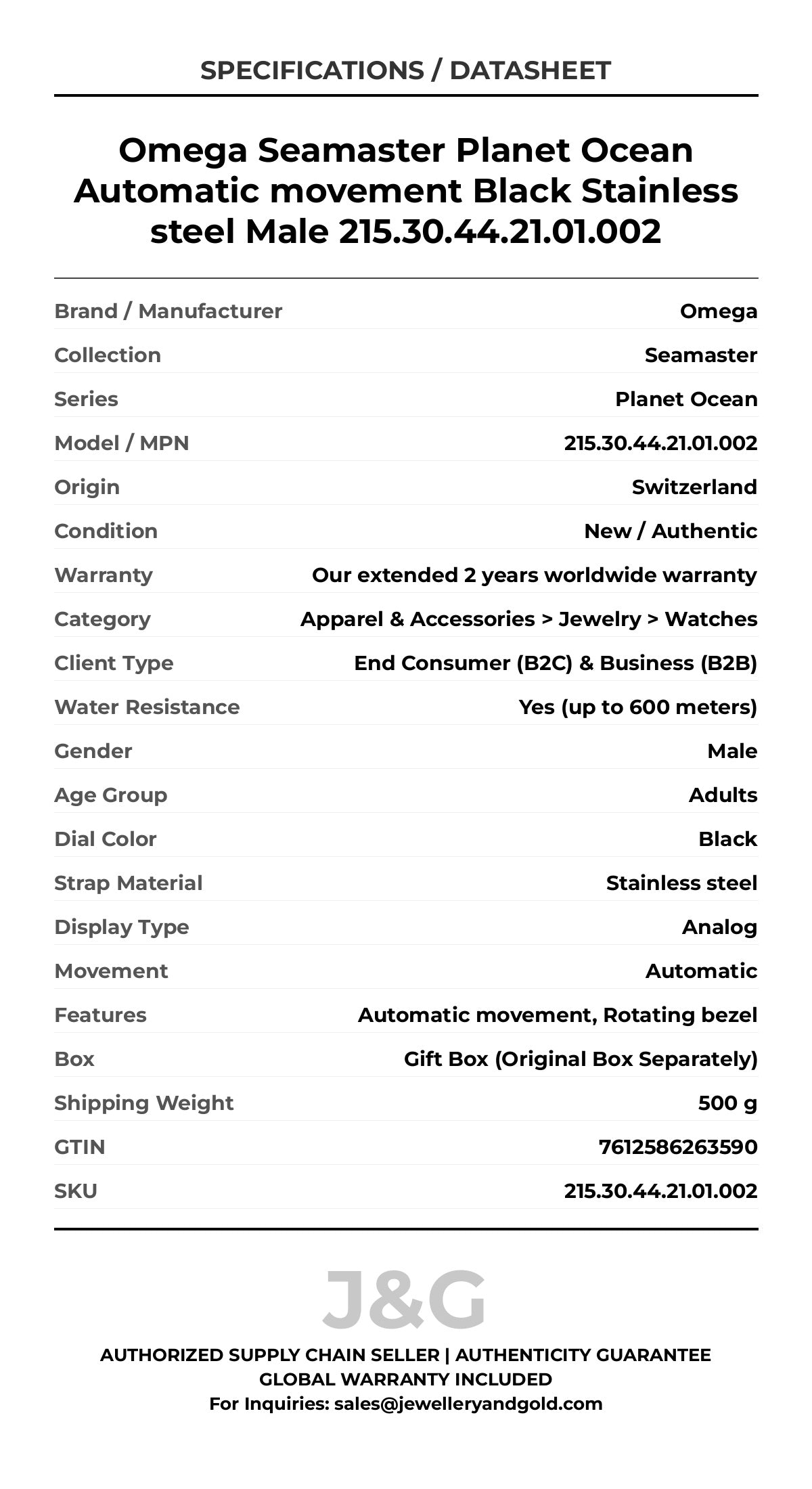 Omega Seamaster Planet Ocean Automatic movement Black Stainless steel Male 215.30.44.21.01.002 - Specifications