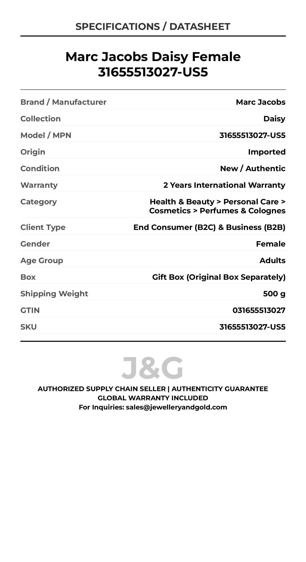 Marc Jacobs Daisy Female 31655513027-US5 - Specifications