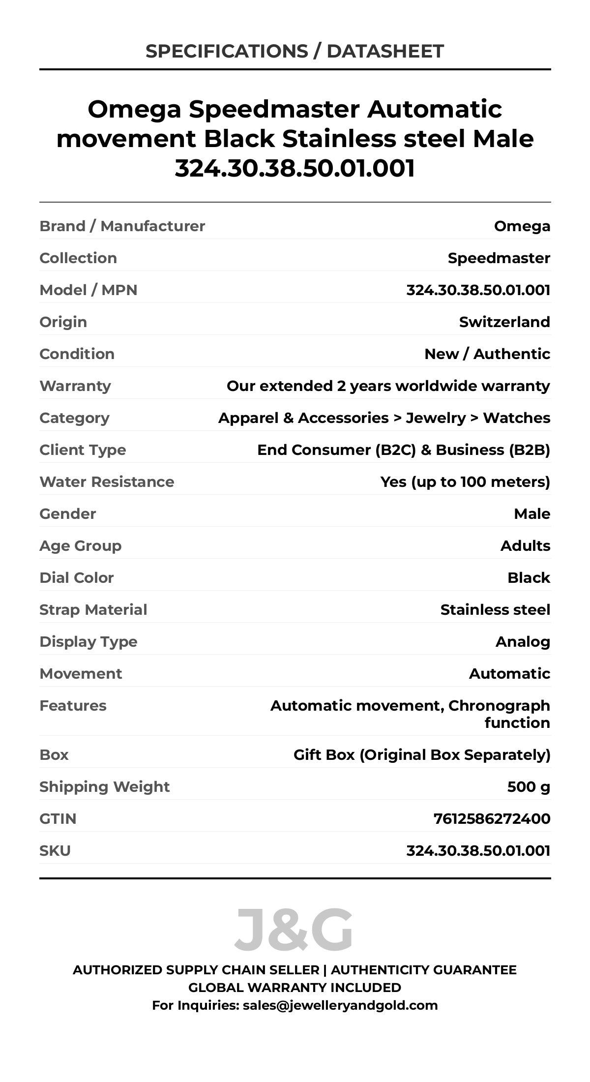 Omega Speedmaster Automatic movement Black Stainless steel Male 324.30.38.50.01.001 - Specifications