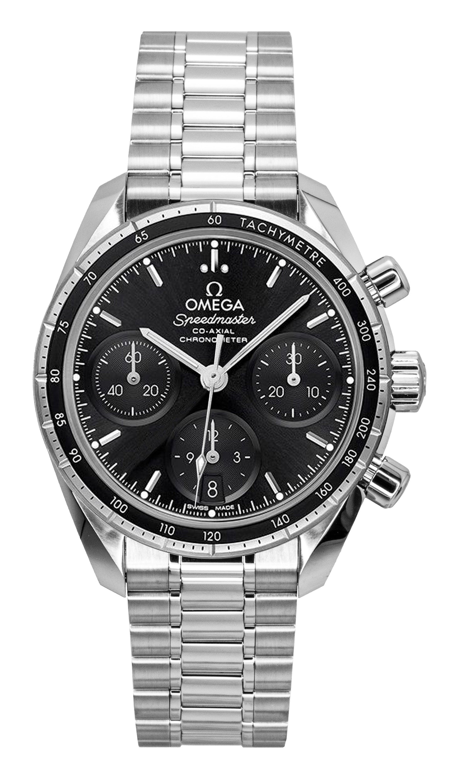 Omega Speedmaster Automatic movement Black Stainless steel Male 324.30.38.50.01.001. A brand-new Omega Speedmaster watch featuring a Black dial and a Stainless steel strap. Front view.