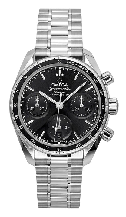 Omega Speedmaster Automatic movement Black Stainless steel Male 324.30.38.50.01.001. A brand-new Omega Speedmaster watch featuring a Black dial and a Stainless steel strap. Front view.