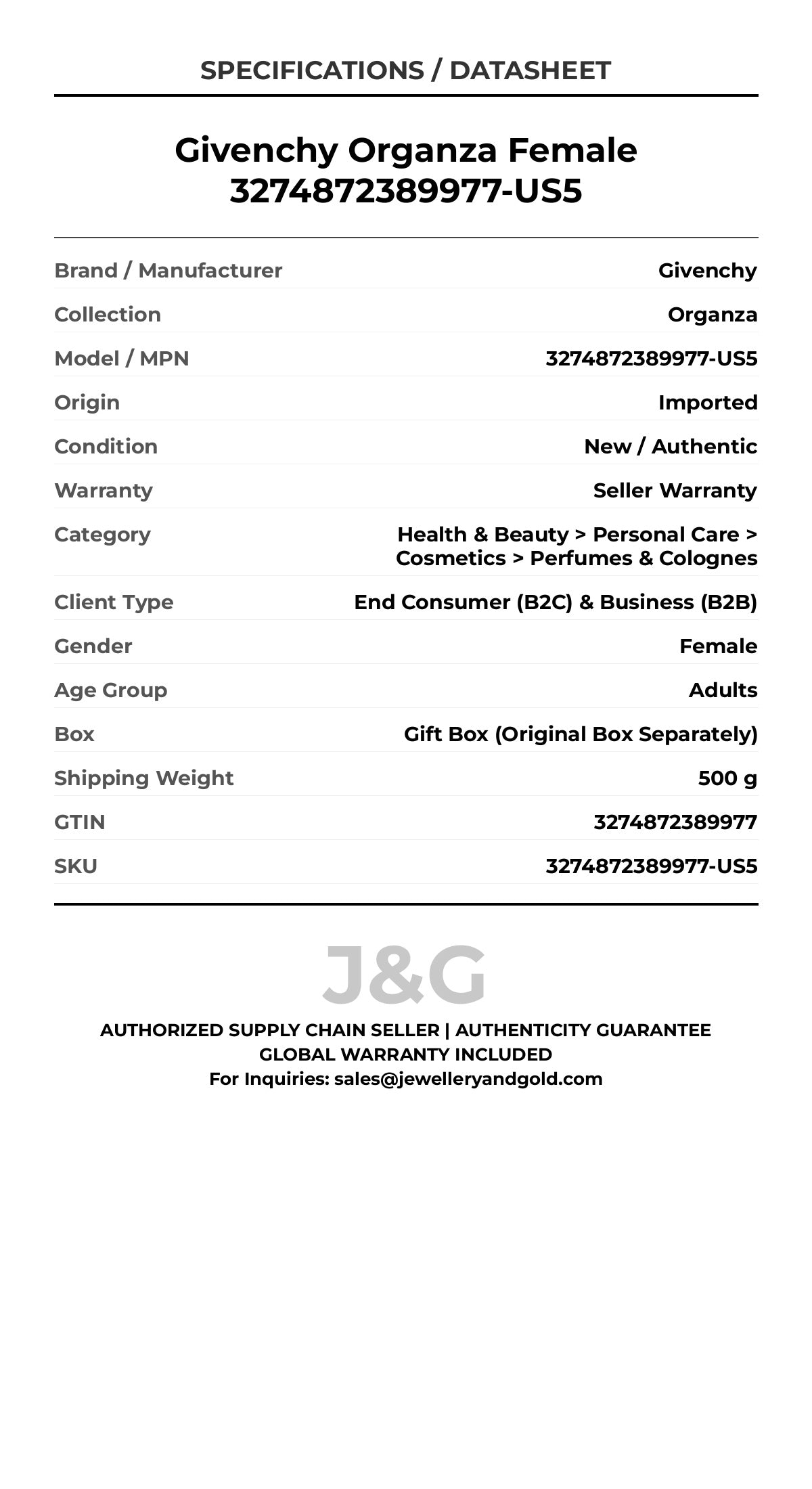 Givenchy Organza Female 3274872389977-US5 - Specifications