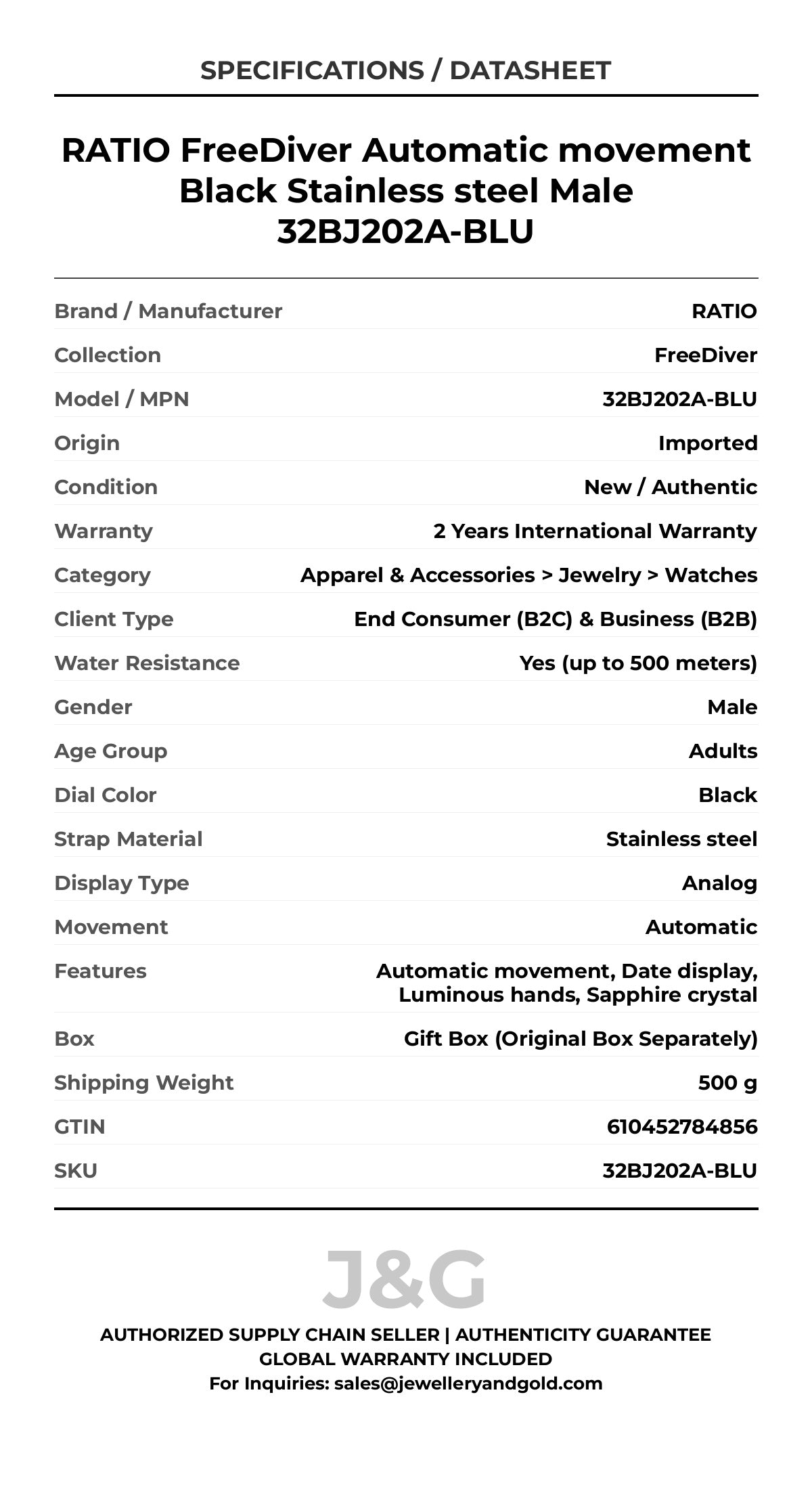 RATIO FreeDiver Automatic movement Black Stainless steel Male 32BJ202A-BLU - Specifications