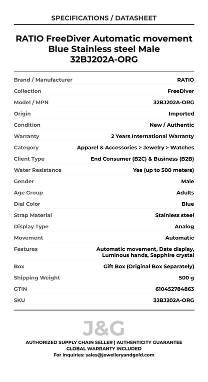 RATIO FreeDiver Automatic movement Blue Stainless steel Male 32BJ202A-ORG - Specifications