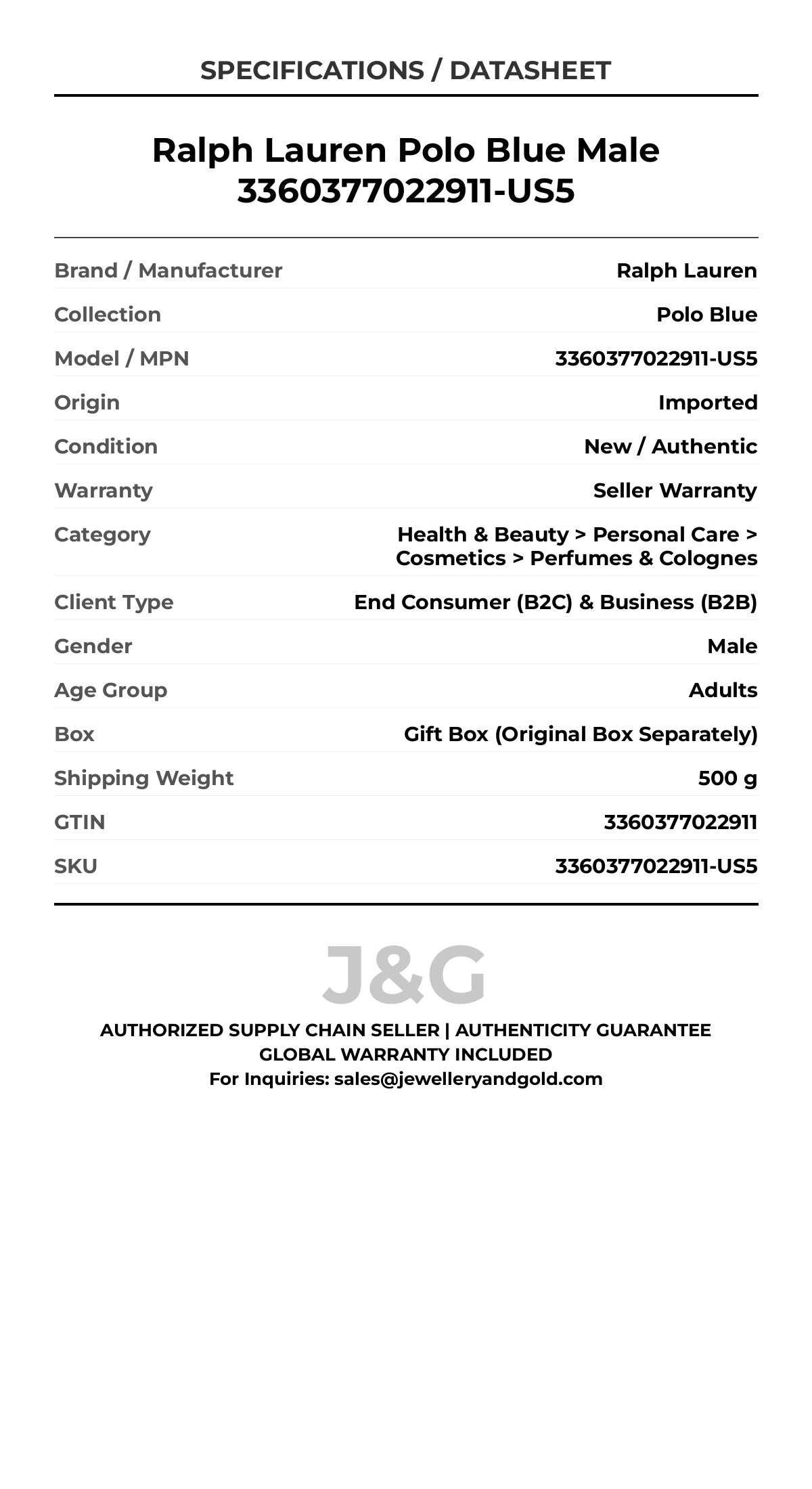 Ralph Lauren Polo Blue Male 3360377022911-US5 - Specifications