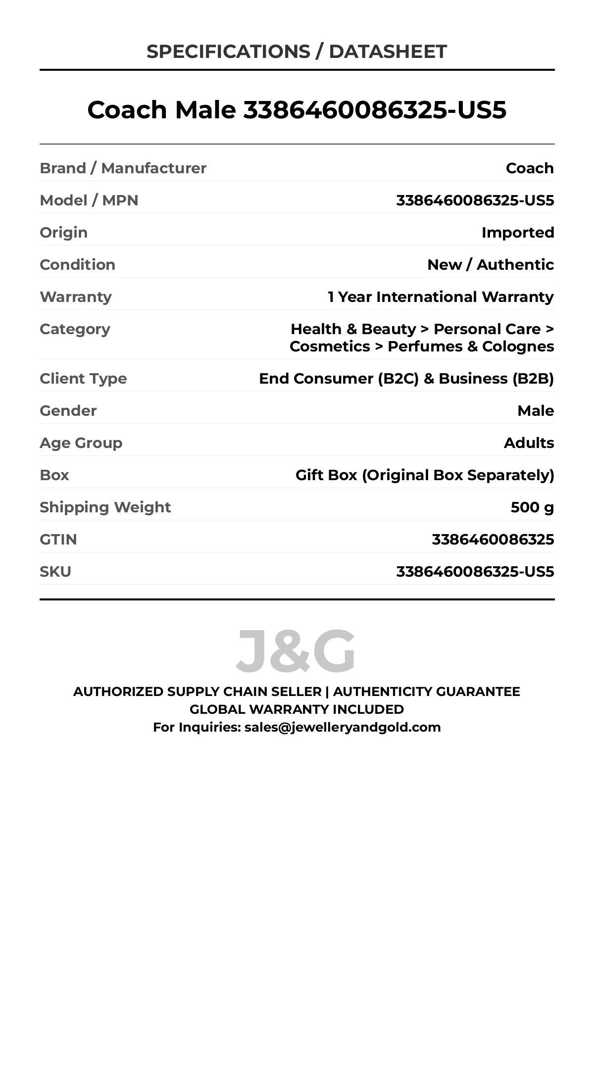 Coach Male 3386460086325-US5 - Specifications