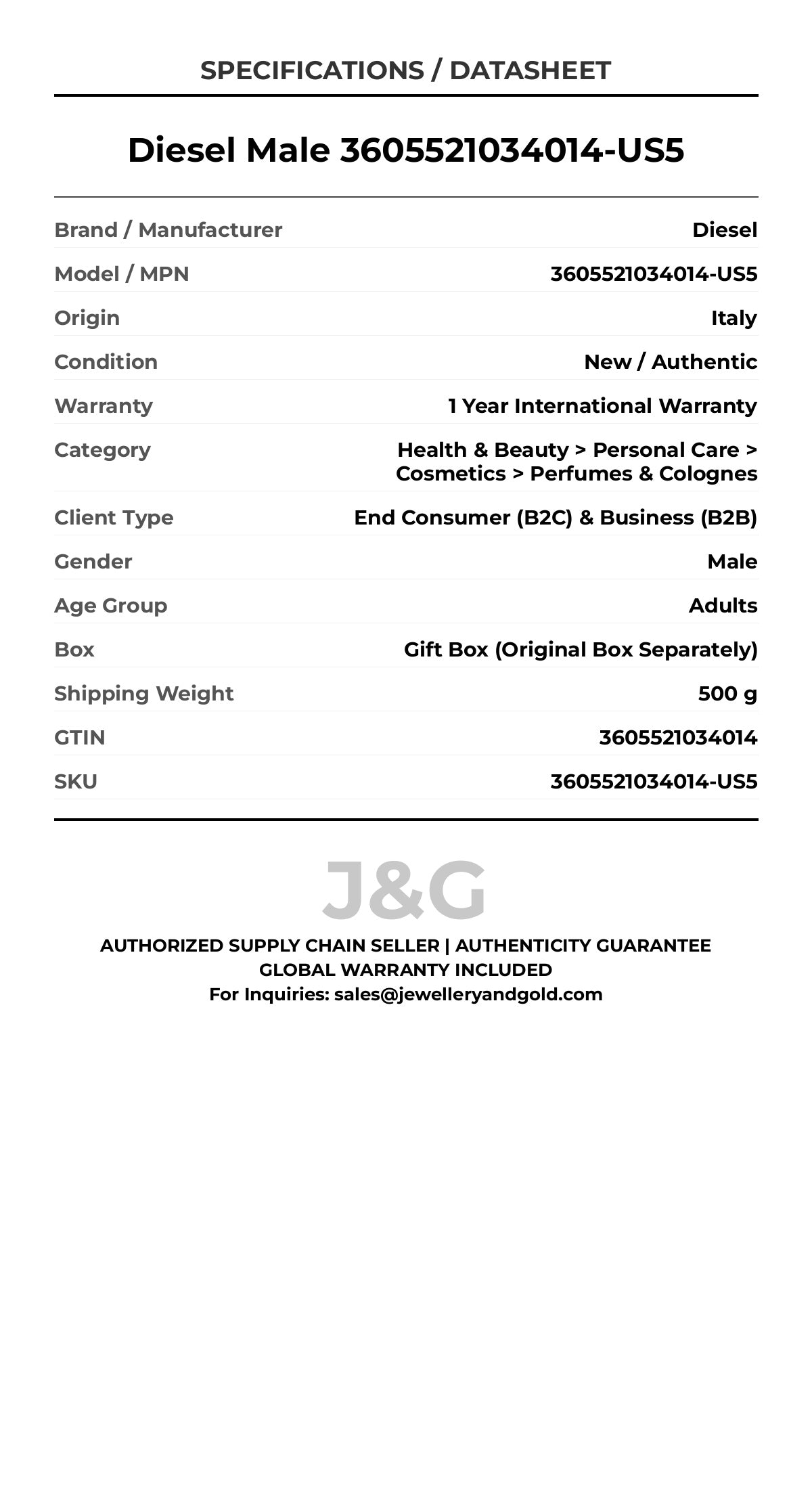 Diesel Male 3605521034014-US5 - Specifications