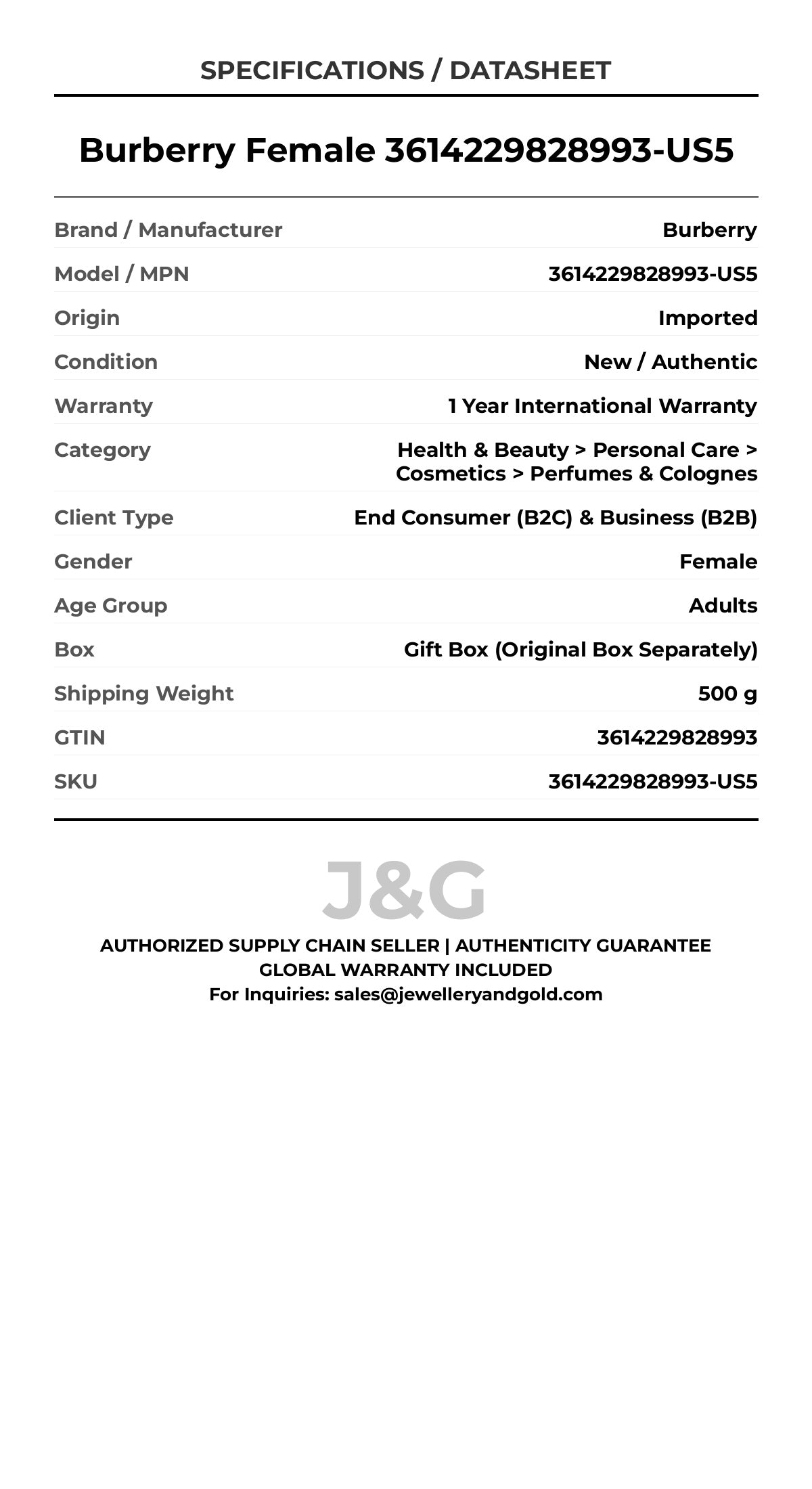 Burberry Female 3614229828993-US5 - Specifications