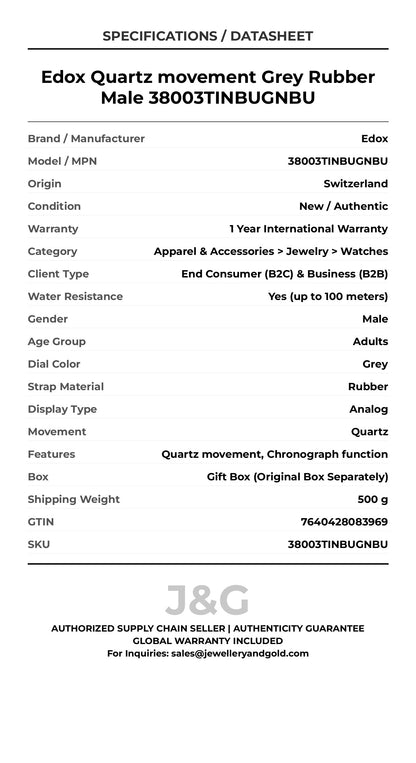 Edox Quartz movement Grey Rubber Male 38003TINBUGNBU - Specifications