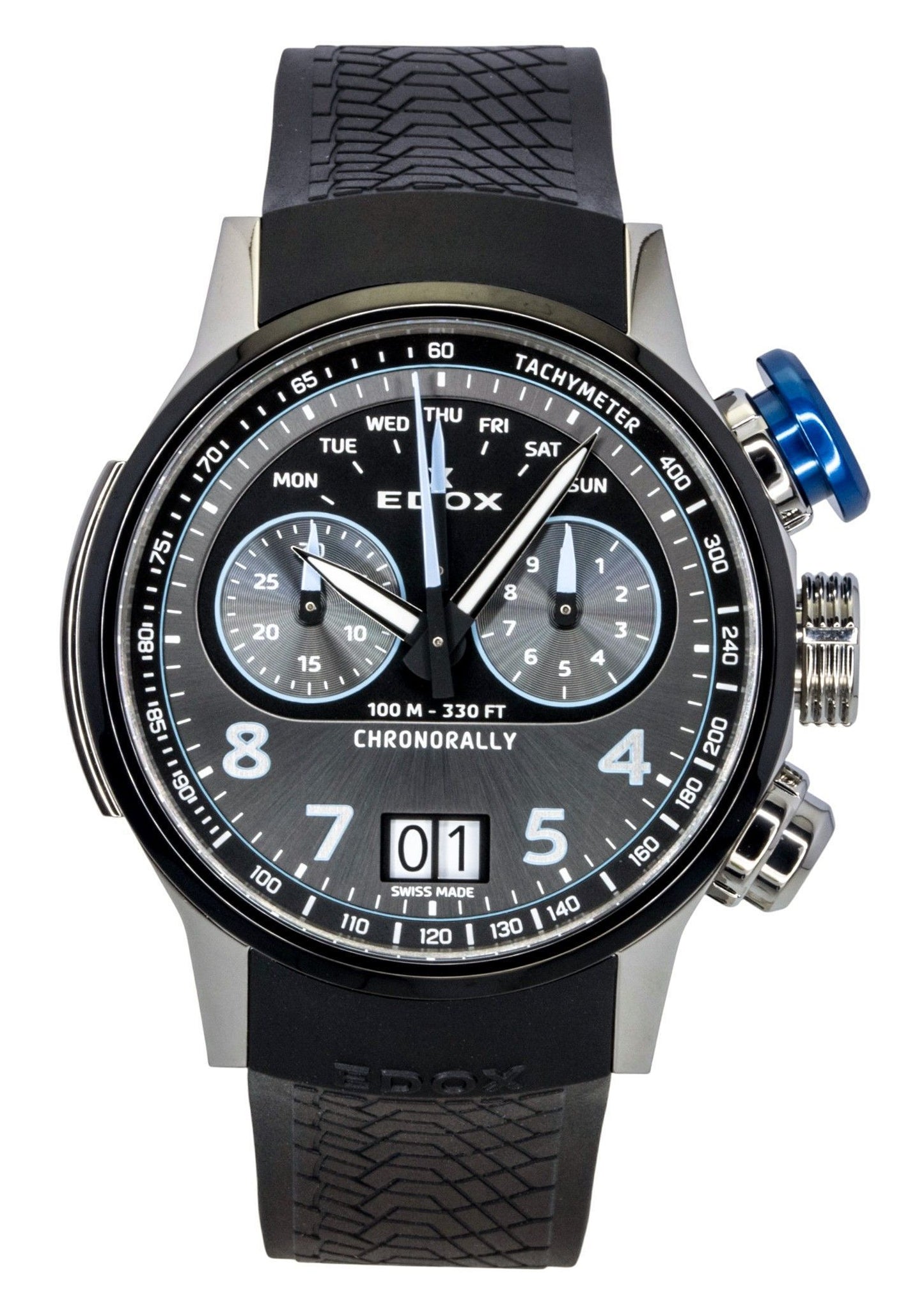 Edox Quartz movement Grey Rubber Male 38003TINBUGNBU. A brand-new Edox watch featuring a Grey dial and a Rubber strap. Side view.