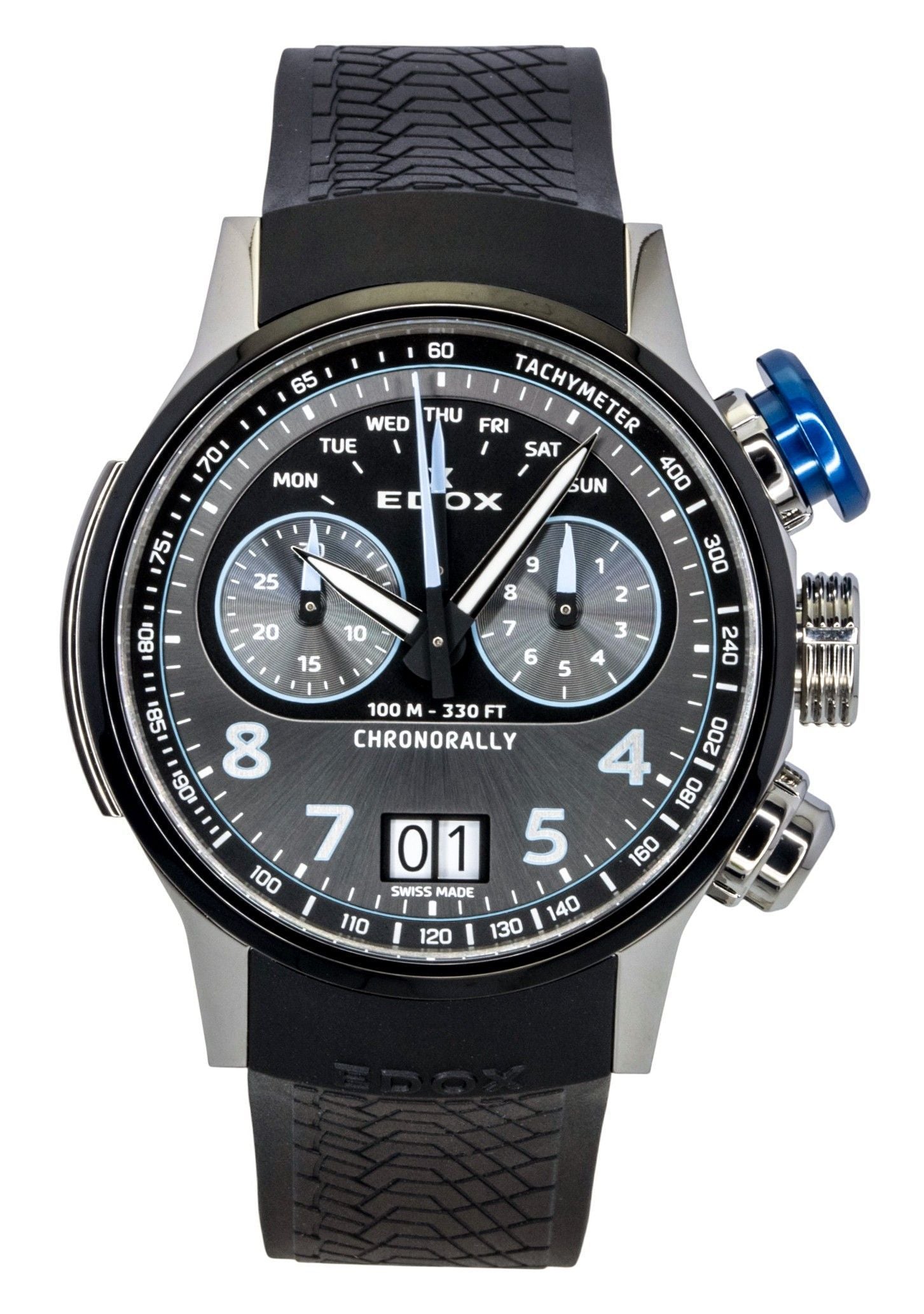 Edox Quartz movement Grey Rubber Male 38003TINBUGNBU. A brand-new Edox watch featuring a Grey dial and a Rubber strap. Side view.