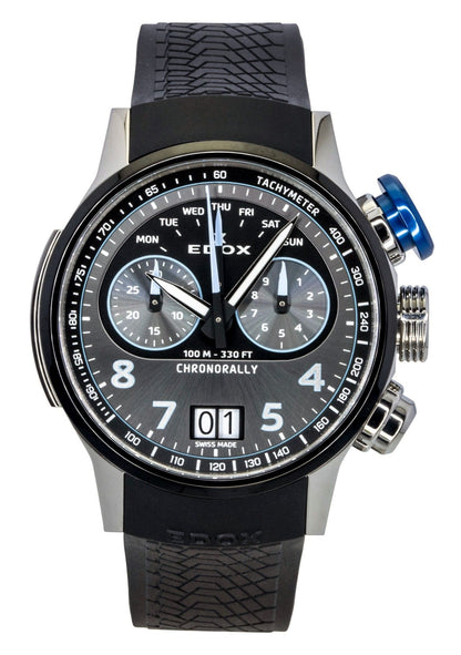 Edox Quartz movement Grey Rubber Male 38003TINBUGNBU. A brand-new Edox watch featuring a Grey dial and a Rubber strap. Side view.