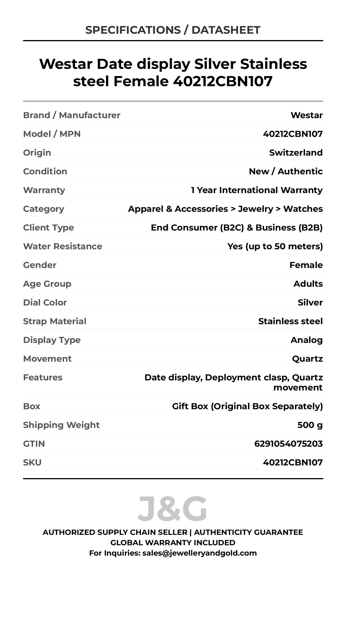 Westar Date display Silver Stainless steel Female 40212CBN107 - Specifications