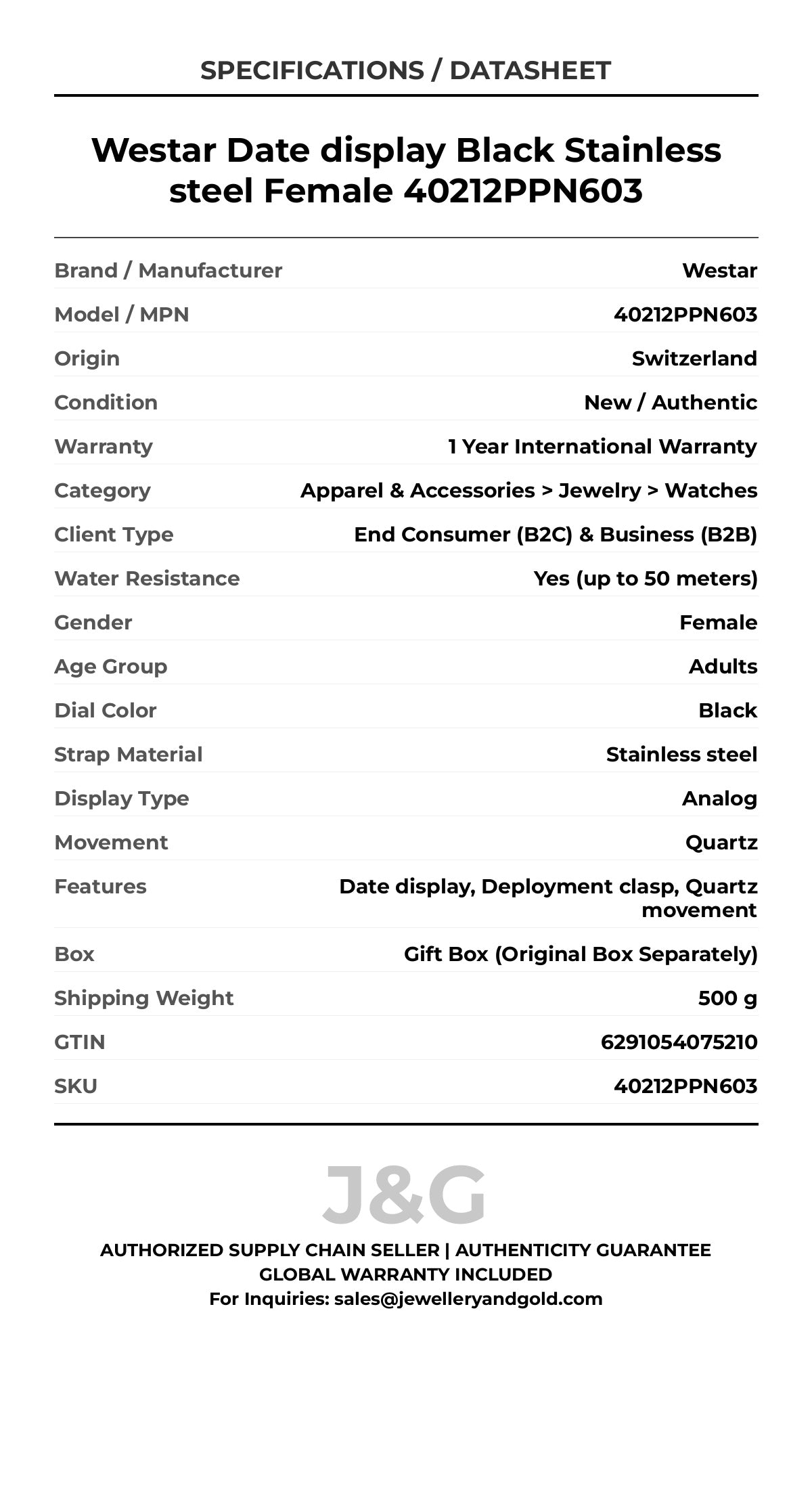 Westar Date display Black Stainless steel Female 40212PPN603 - Specifications