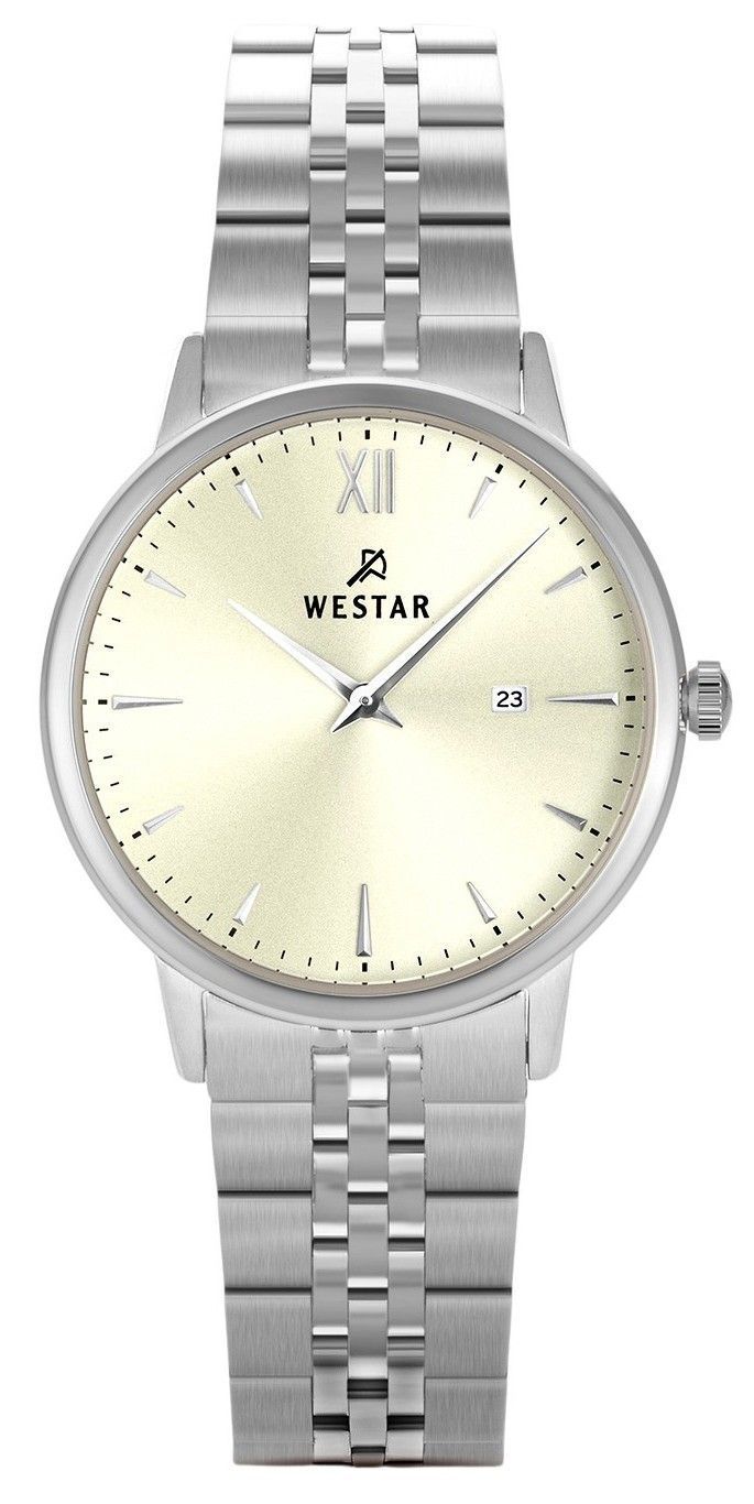Westar Profile Date display Champagne Stainless steel Female 40215STN102. A brand-new Westar Profile watch featuring a Champagne dial and a Stainless steel strap. Angled view.