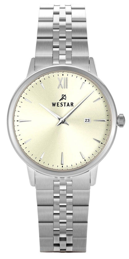 Westar Profile Date display Champagne Stainless steel Female 40215STN102. A brand-new Westar Profile watch featuring a Champagne dial and a Stainless steel strap. Angled view.