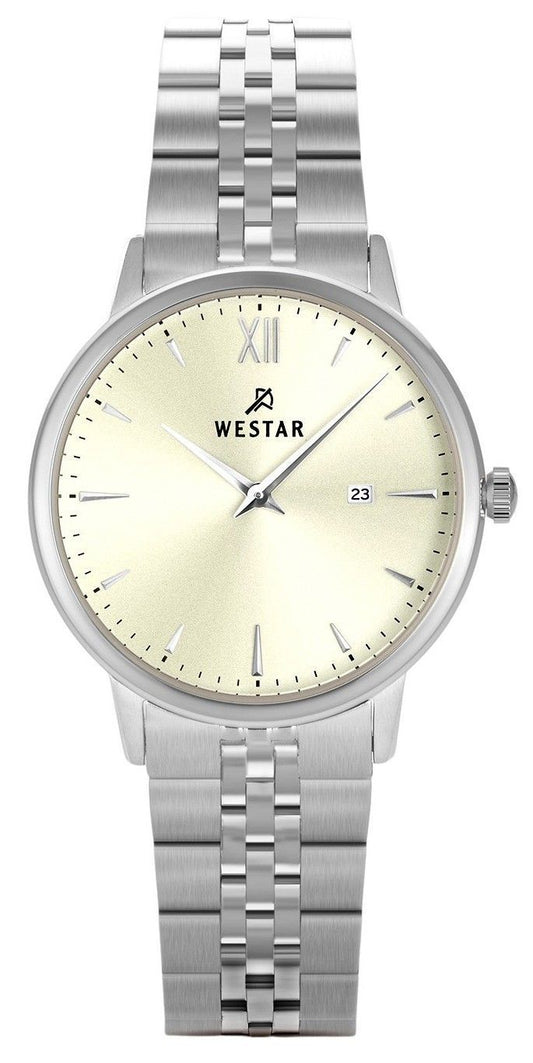 Westar Profile Date display Champagne Stainless steel Female 40215STN102. A brand-new Westar Profile watch featuring a Champagne dial and a Stainless steel strap. Angled view.