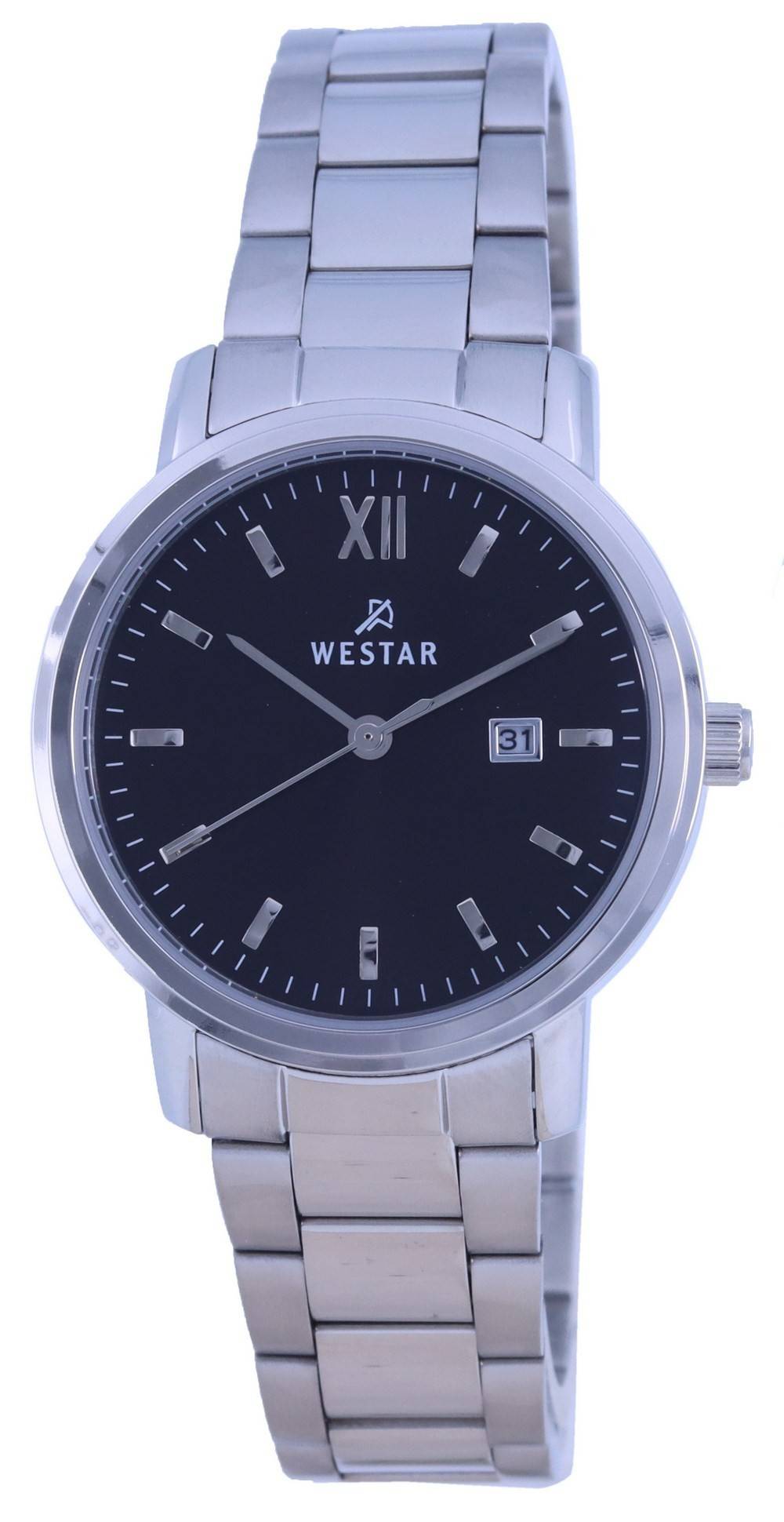 Westar Date display Black Stainless steel Female 40245STN103. A brand-new Westar watch featuring a Black dial and a Stainless steel strap. Front view.
