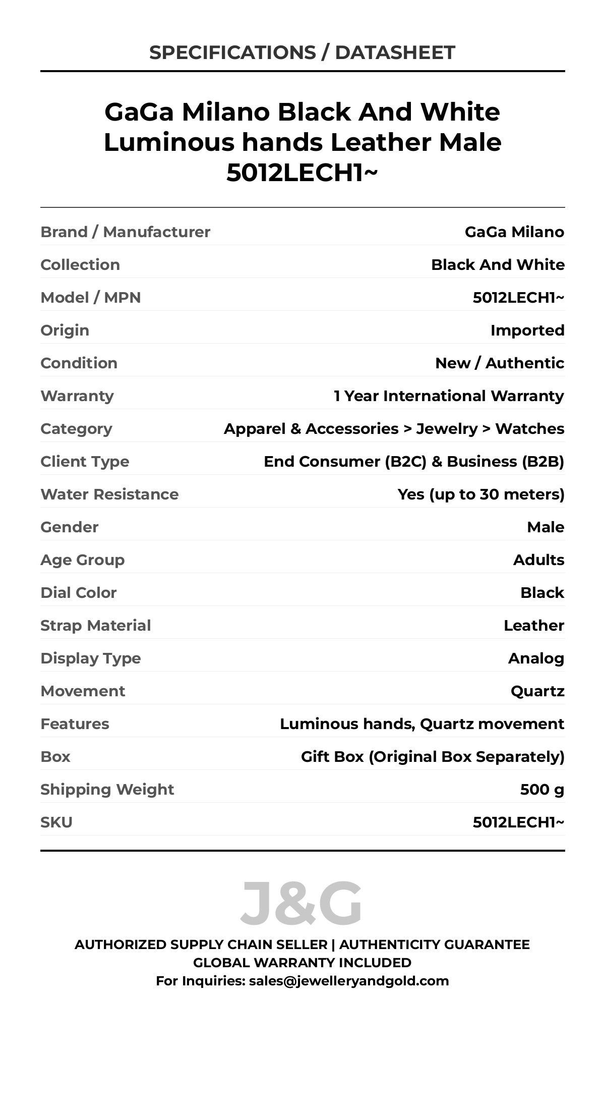 GaGa Milano Black And White Luminous hands Leather Male 5012LECH1~ - Specifications