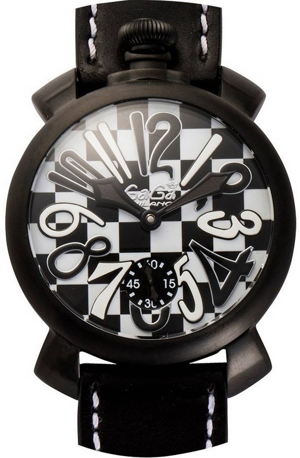 GaGa Milano Black And White Luminous hands Leather Male 5012LECH1~. A brand-new GaGa Milano Black And White watch featuring a Black dial and a Leather strap. Angled view.