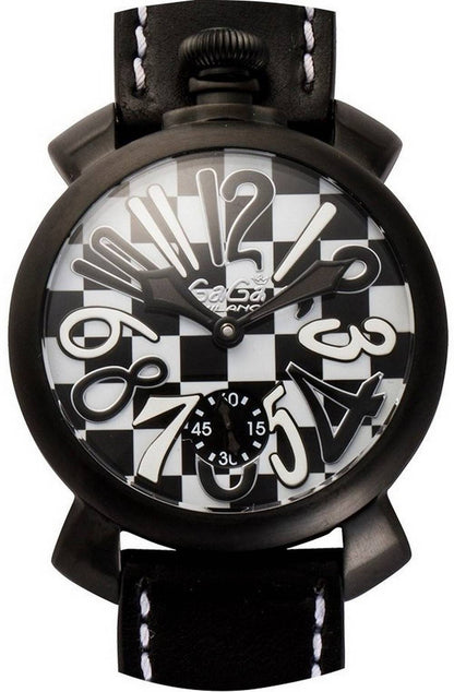 GaGa Milano Black And White Luminous hands Leather Male 5012LECH1~. A brand-new GaGa Milano Black And White watch featuring a Black dial and a Leather strap. Angled view.