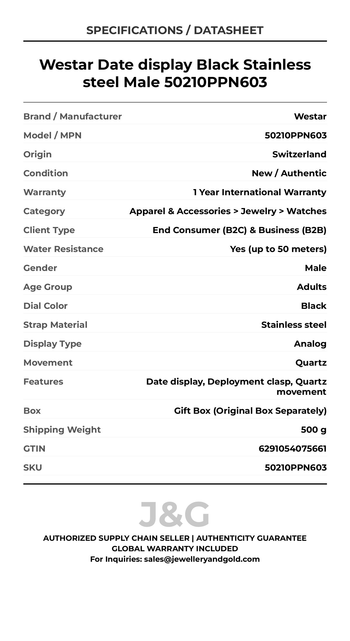 Westar Date display Black Stainless steel Male 50210PPN603 - Specifications