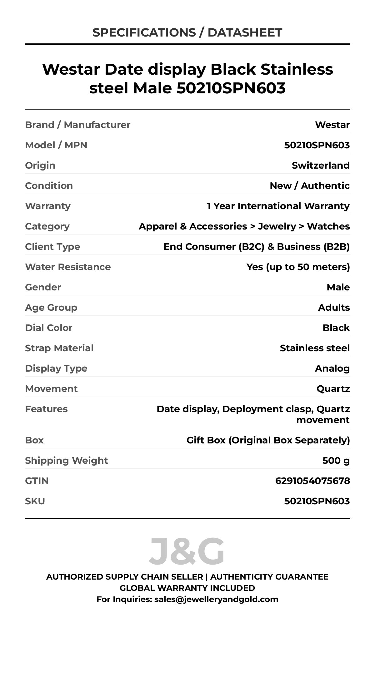 Westar Date display Black Stainless steel Male 50210SPN603 - Specifications