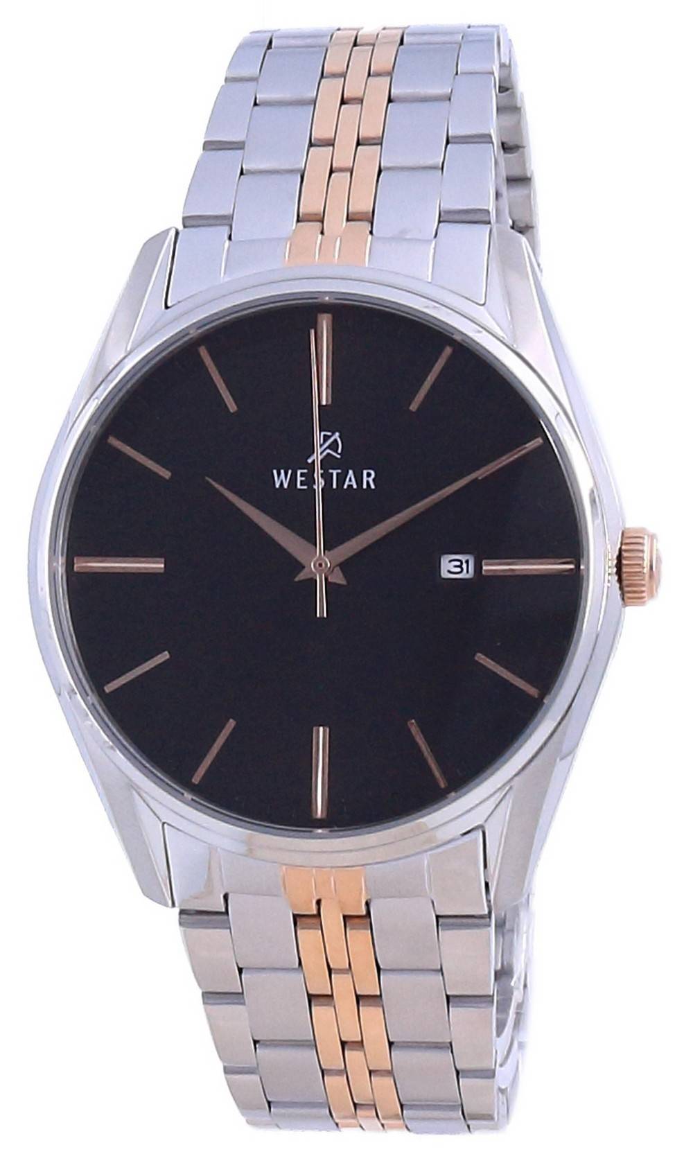 Westar Date display Black Stainless steel Male 50210SPN603. A brand-new Westar watch featuring a Black dial and a Stainless steel strap. Angled view.